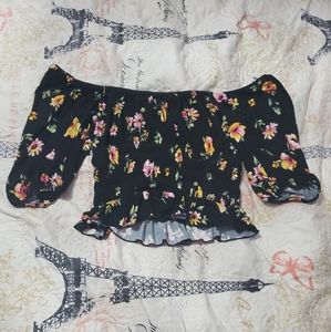 Black Crop floral Top with ruffled around waist